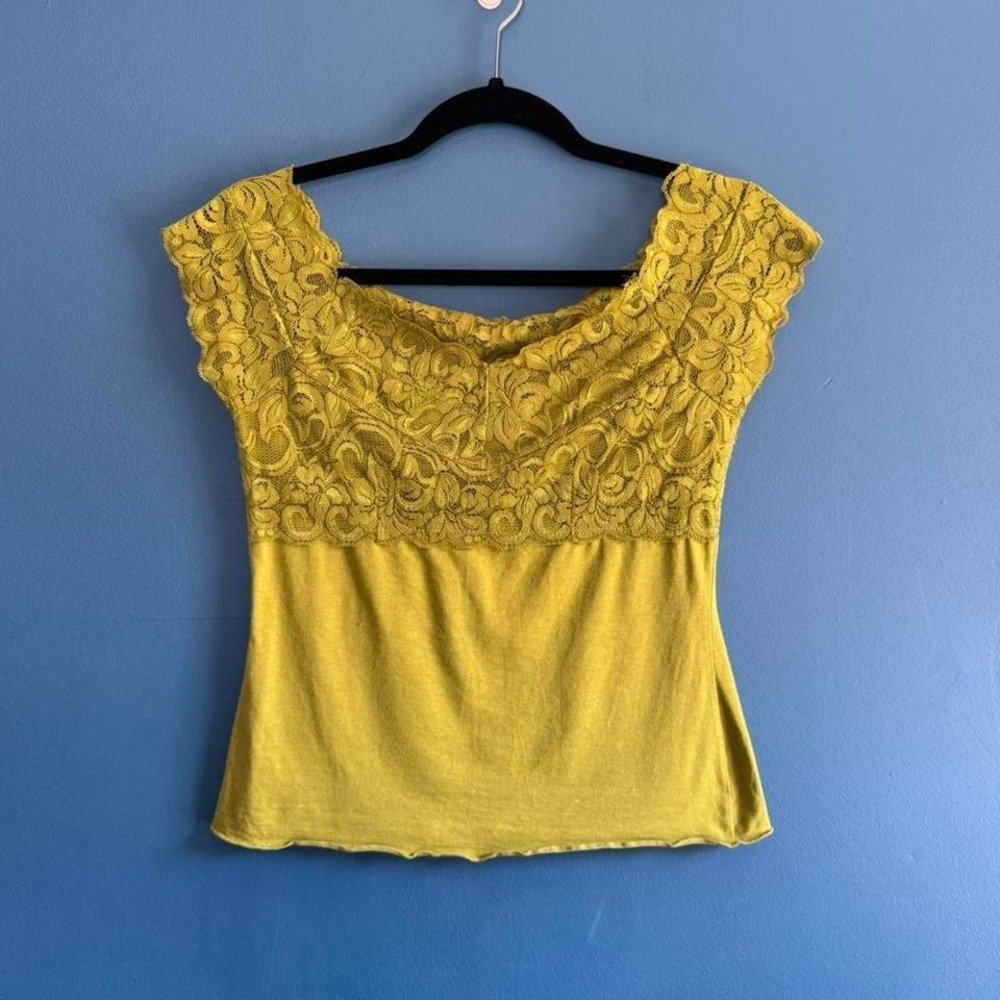 Y2K Green Lace Blouse Women's Size Large Off Shoulder Avenue Of The Stars Preppy